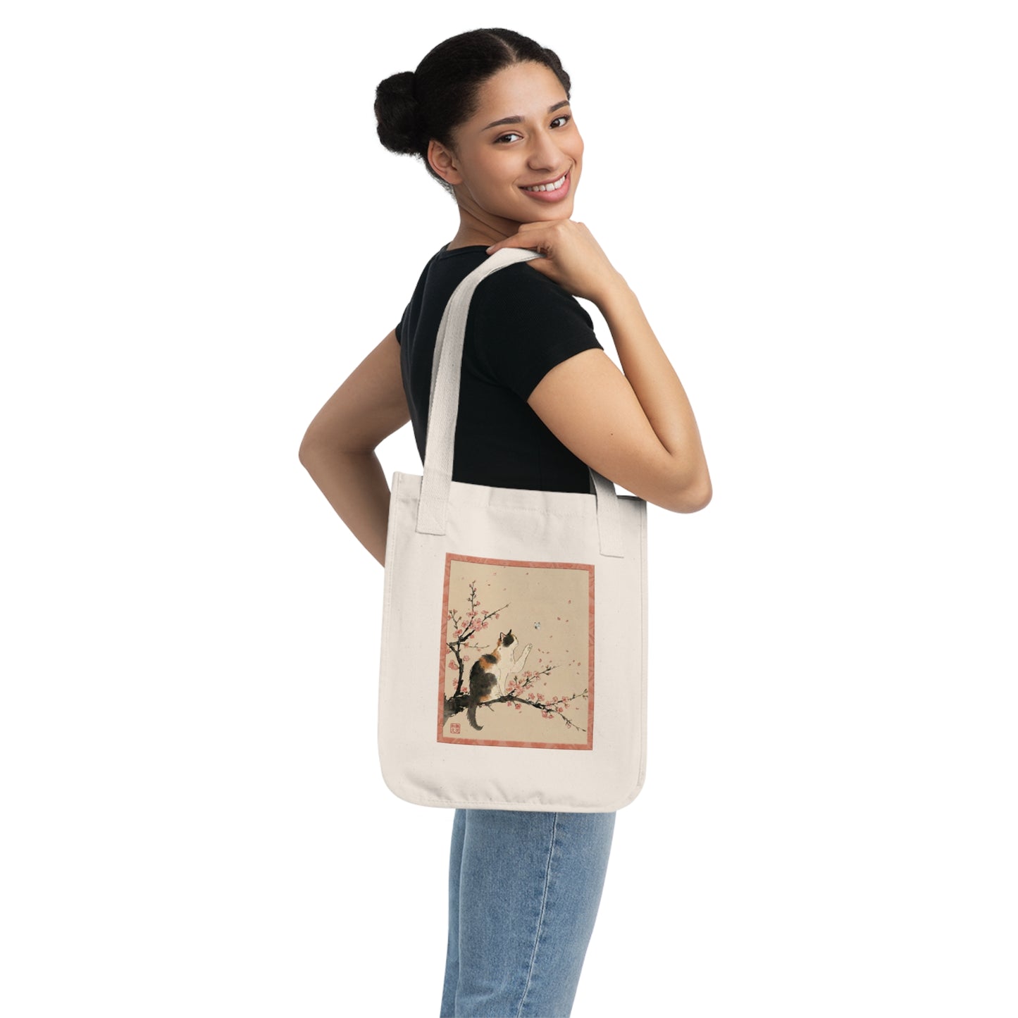 Japanese Calico Cat & Cherry Blossom "Sakura" Premium Organic Canvas Tote Bag | CC3B MU-NI Japan