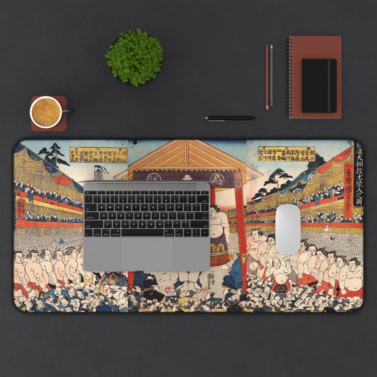Vintage Sumo Ukiyo-e Desk Mat 16x32 inch - Utagawa Kuniyoshi Japanese Traditional Art  | MU-NI Japan
