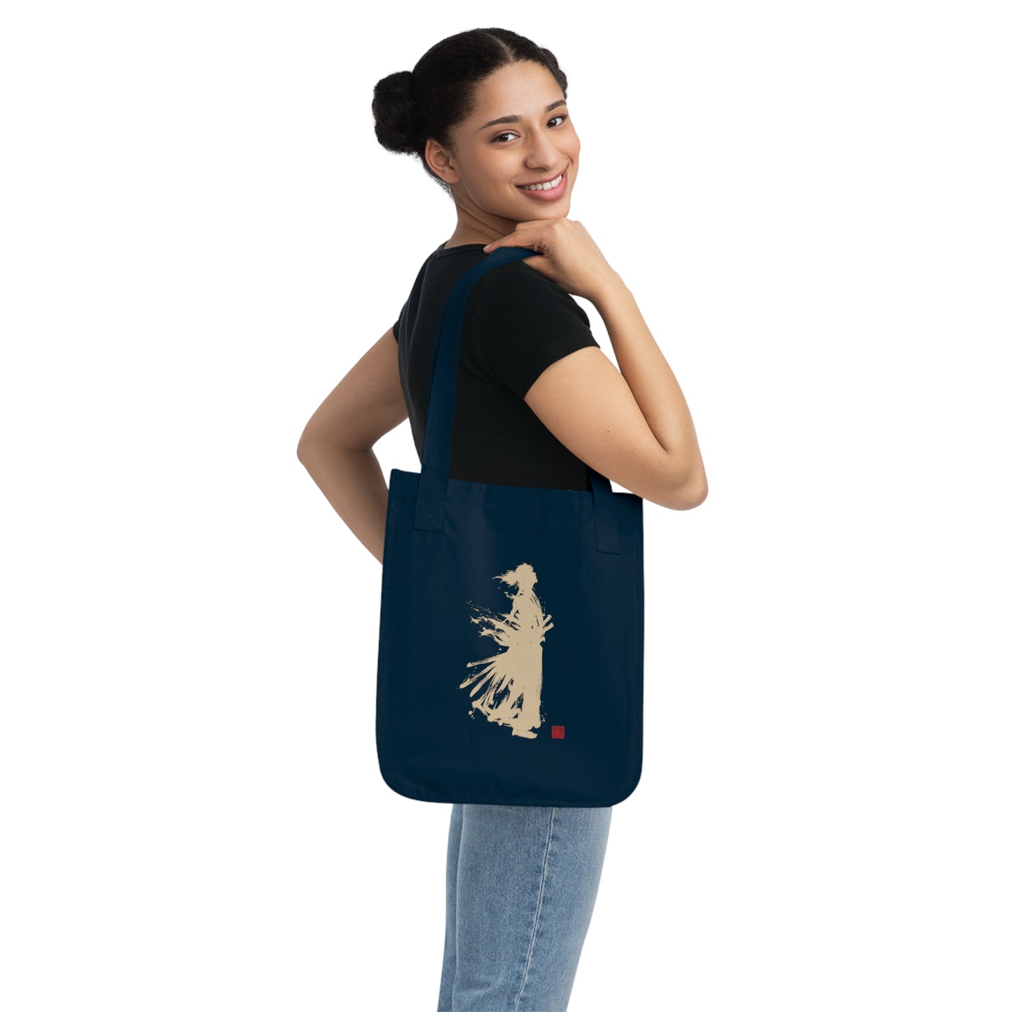 Samurai Warrior Silhouette Organic Cotton Tote Bag, Minimalist Japanese Calligraphy Art , Sustainable Eco-Friendly lgt SR2C | MU-NI Japan
