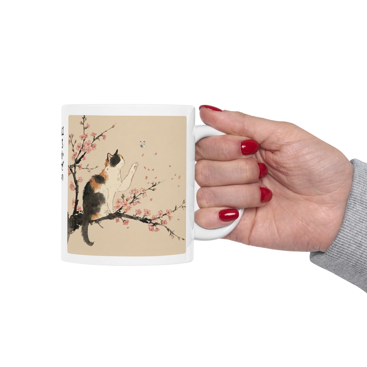 Japanese Calico Cat & Cherry Blossom Sakura Ceramic Mug | Zen Sumi-e Ink Art | Minimalist Japandi Coffee Cup 11oz 15oz CC2O | MU-NI Japan