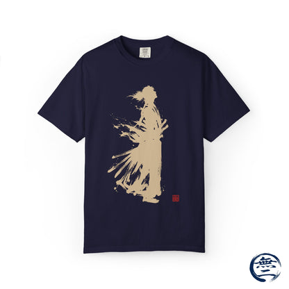 Minimalist Samurai Silhouette Zen T-Shirt - Japanese Calligraphy Kanji Shodo Art - One and Only Garment-Dyed Tee SR2U | MU-NI Japan