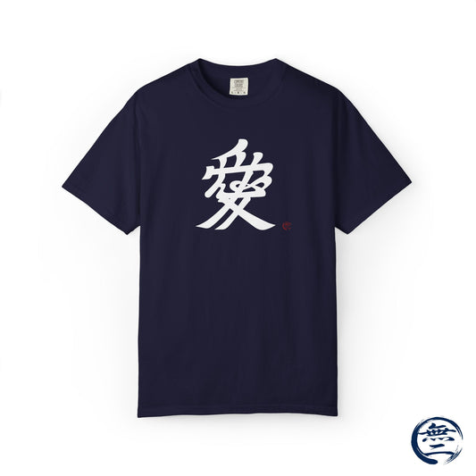 Samurai Naoe Kanetsugu Love Kanji Graphic T-Shirt, Minimalist Japanese Calligraphy Streetwear Tee | MU-NI Japan
