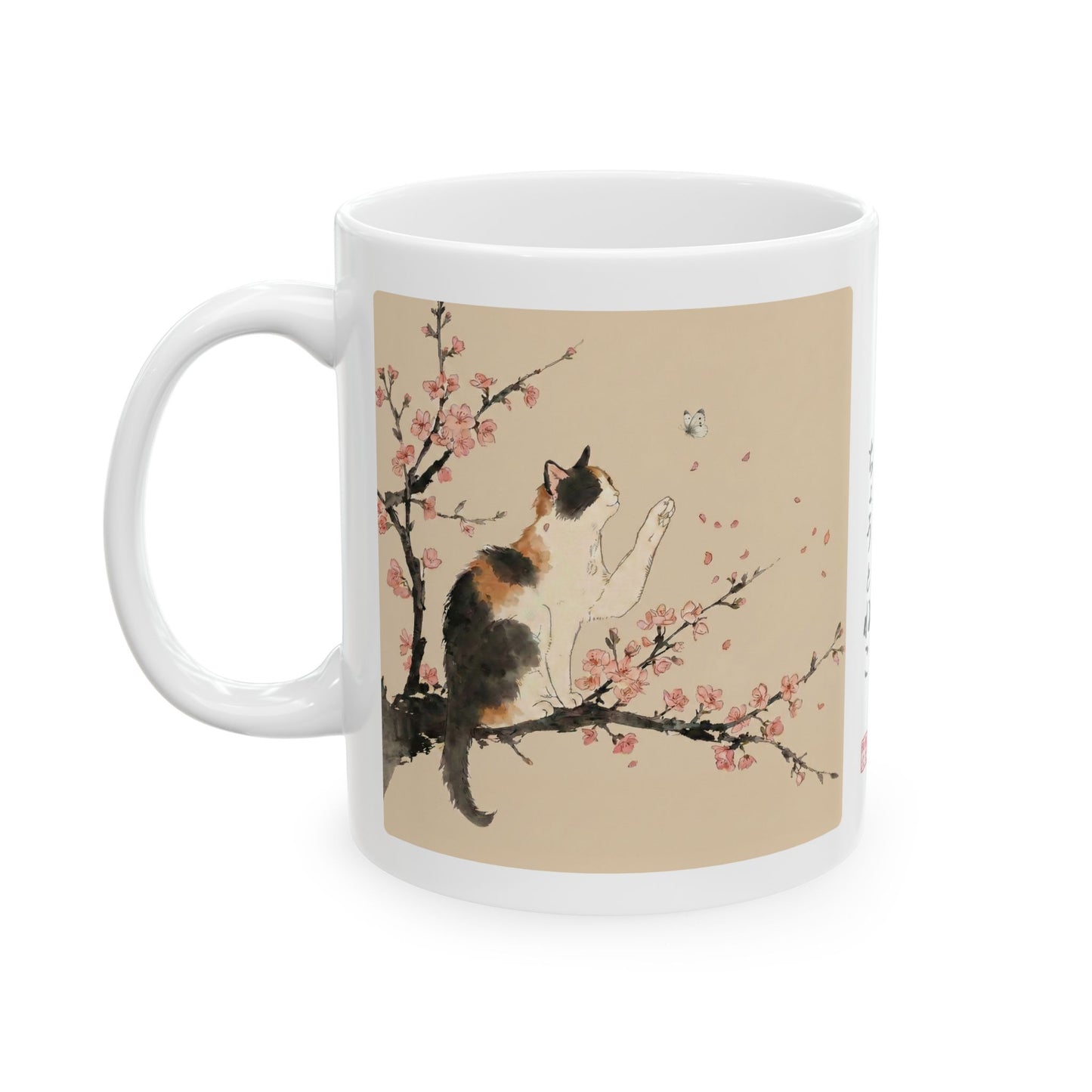 Japanese Calico Cat & Cherry Blossom Sakura Ceramic Mug | Zen Sumi-e Ink Art | Minimalist Japandi Coffee Cup 11oz 15oz CC2O | MU-NI Japan