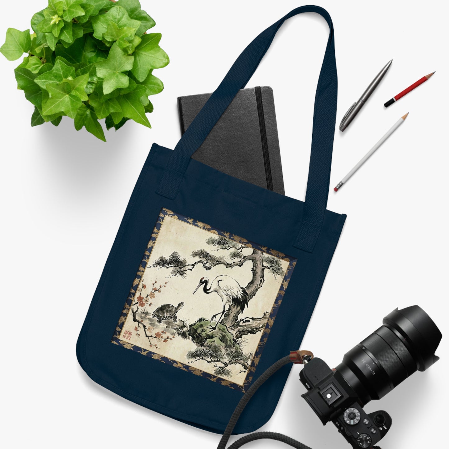Japanese Crane and Turtle Premium Organic Cotton Tote Bag - Zen Sumi-e Art Canvas Bag, Symbol of Longevity & Peace Gift CT2B | MU-NI Japan