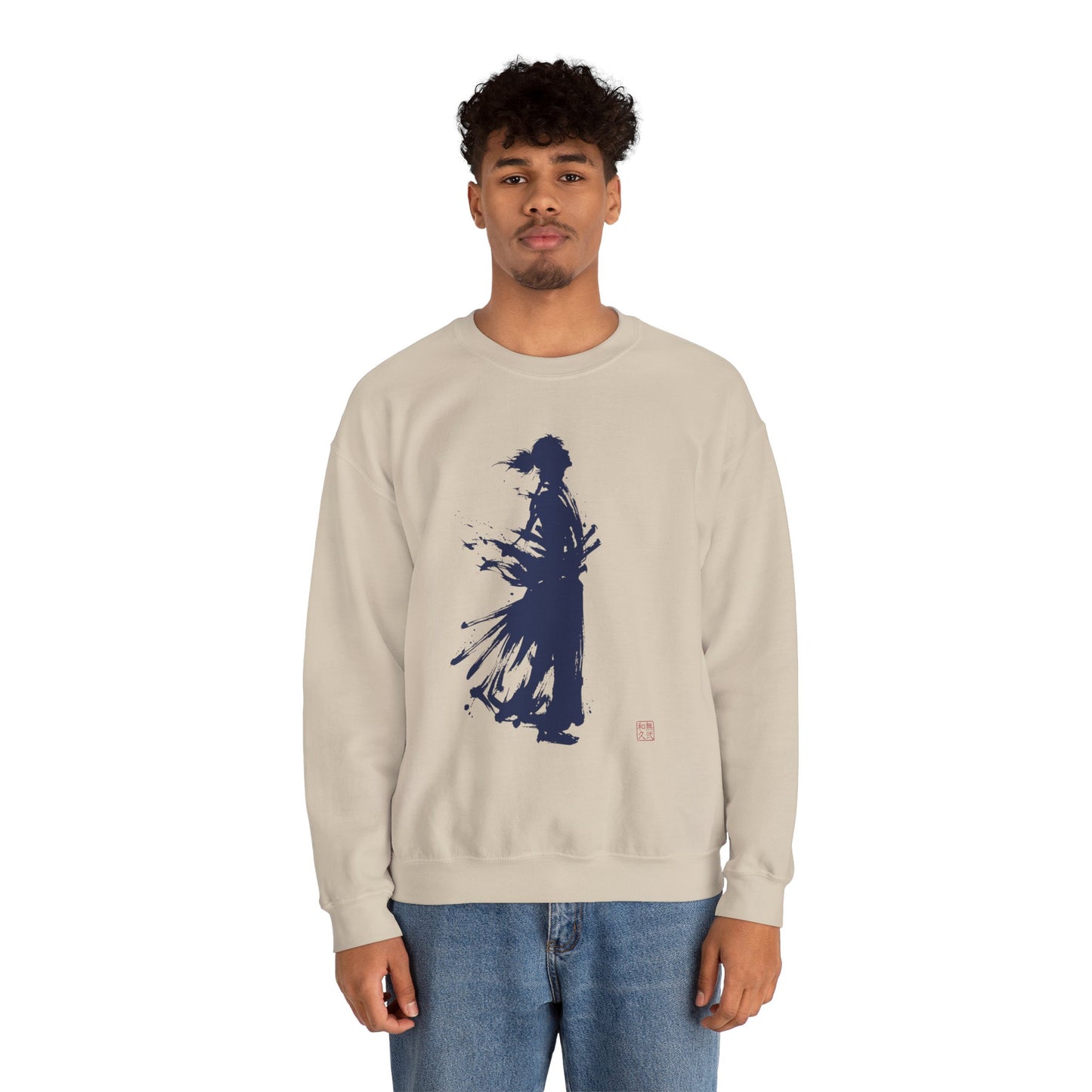 Minimalist Samurai Silhouette Unisex Crewneck Sweatshirt | "The One and Only" Shodo (Japanese Kanji Calligraphy),  SR2S | MU-NI Japan