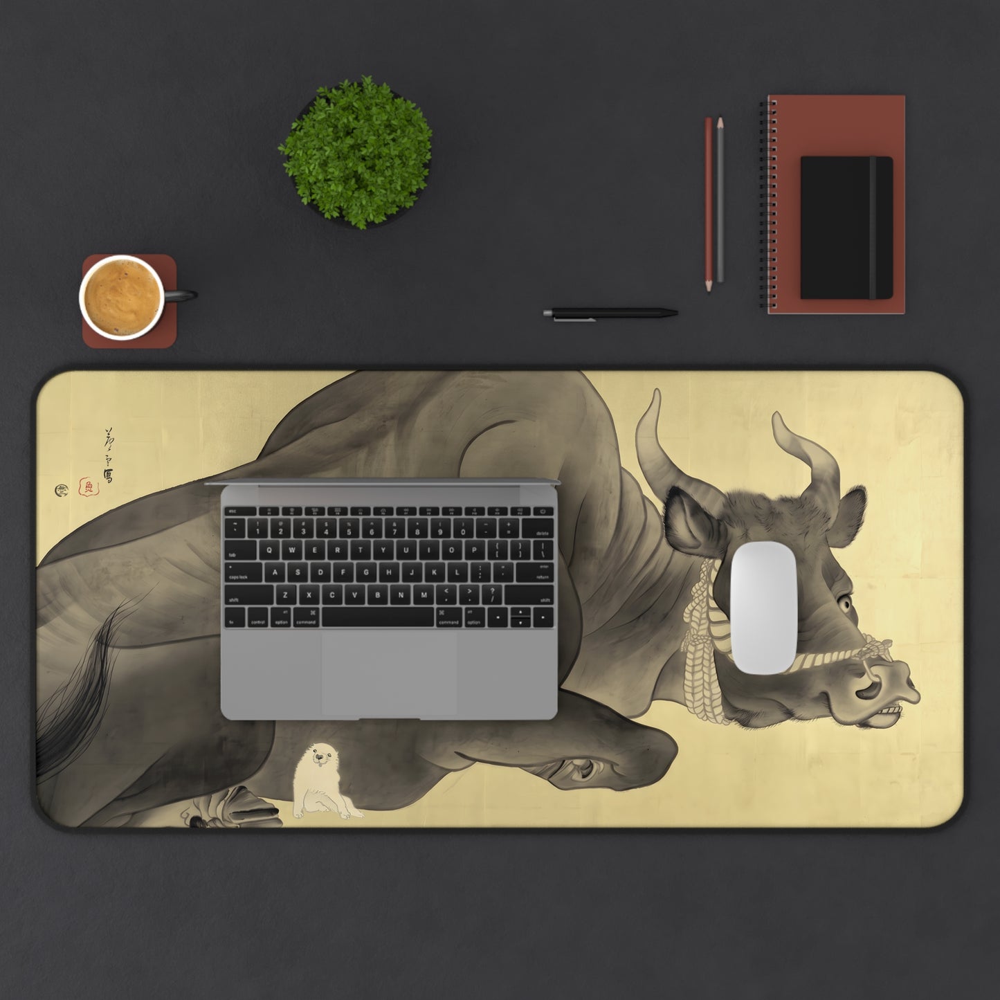 Nagasawa Rosetsu Bull and Cute Puppy Desk Mat - Remastered Japanese Art Large Mousepad | MU-NI Japan