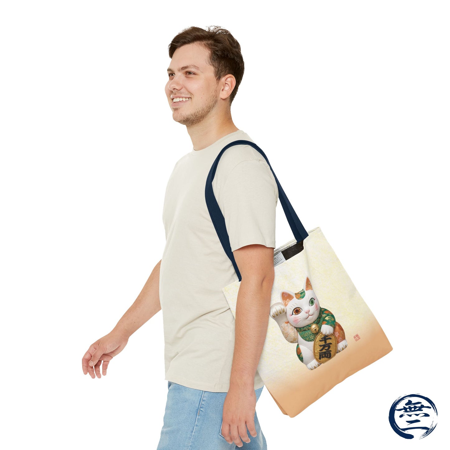 Shin-Maneki neko Modern Kimekomi Decor Style Tote Bag | Kawaii Odd-Eye & Smile Dual Design- Beckon Wealth and Prosperity MK2D | MU-NI Japan