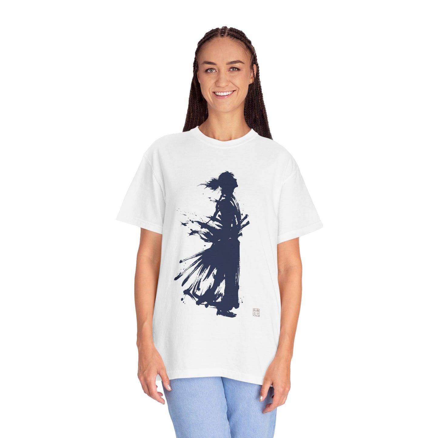 Minimalist Samurai Silhouette Zen T-Shirt - Japanese Calligraphy Kanji Shodo Art - One and Only Garment-Dyed Tee SR2T | MU-NI Japan