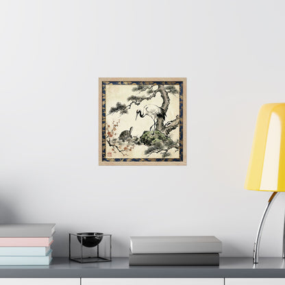 Japanese Crane and Turtle Pine and Plum Tree Matte Square Poster - Symbol of Longevity & Peace  | CT2K MU-NI Japan