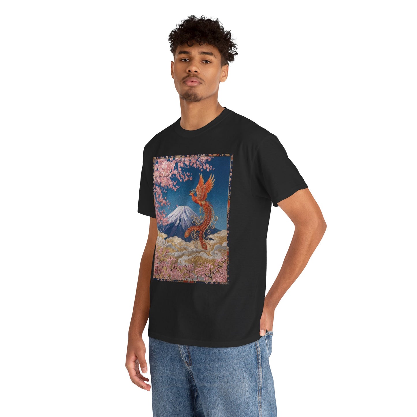 Japanese Phoenix Houou Mt Fuji Sakura T-Shirt - Japandi Zen Aesthetic Tee, Embroidery Texture Style, Mindfulness Gift HF3T | MU-NI Japan