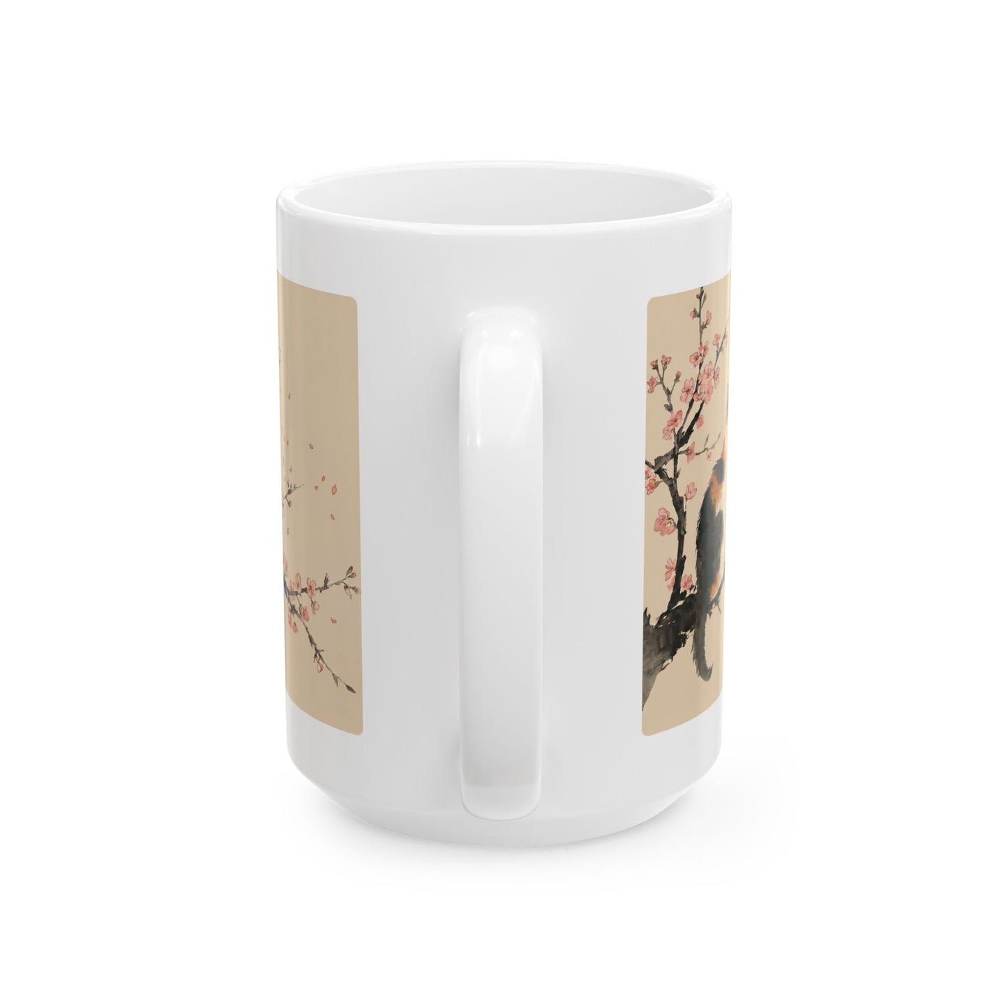 Japanese Calico Cat & Cherry Blossom Sakura Ceramic Mug | Zen Sumi-e Ink Art | Minimalist Japandi Coffee Cup 11oz 15oz CC2O | MU-NI Japan
