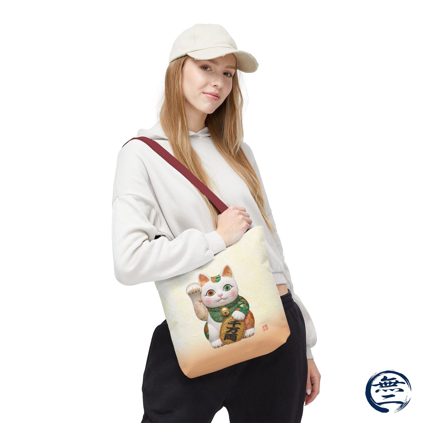 Shin-Maneki neko Modern Kimekomi Decor Style Tote Bag | Kawaii Odd-Eye & Smile Dual Design- Beckon Wealth and Prosperity MK2D | MU-NI Japan