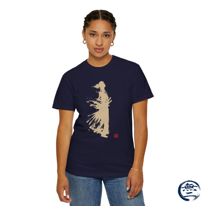 Minimalist Samurai Silhouette Zen T-Shirt - Japanese Calligraphy Kanji Shodo Art - One and Only Garment-Dyed Tee SR3U | MU-NI Japan