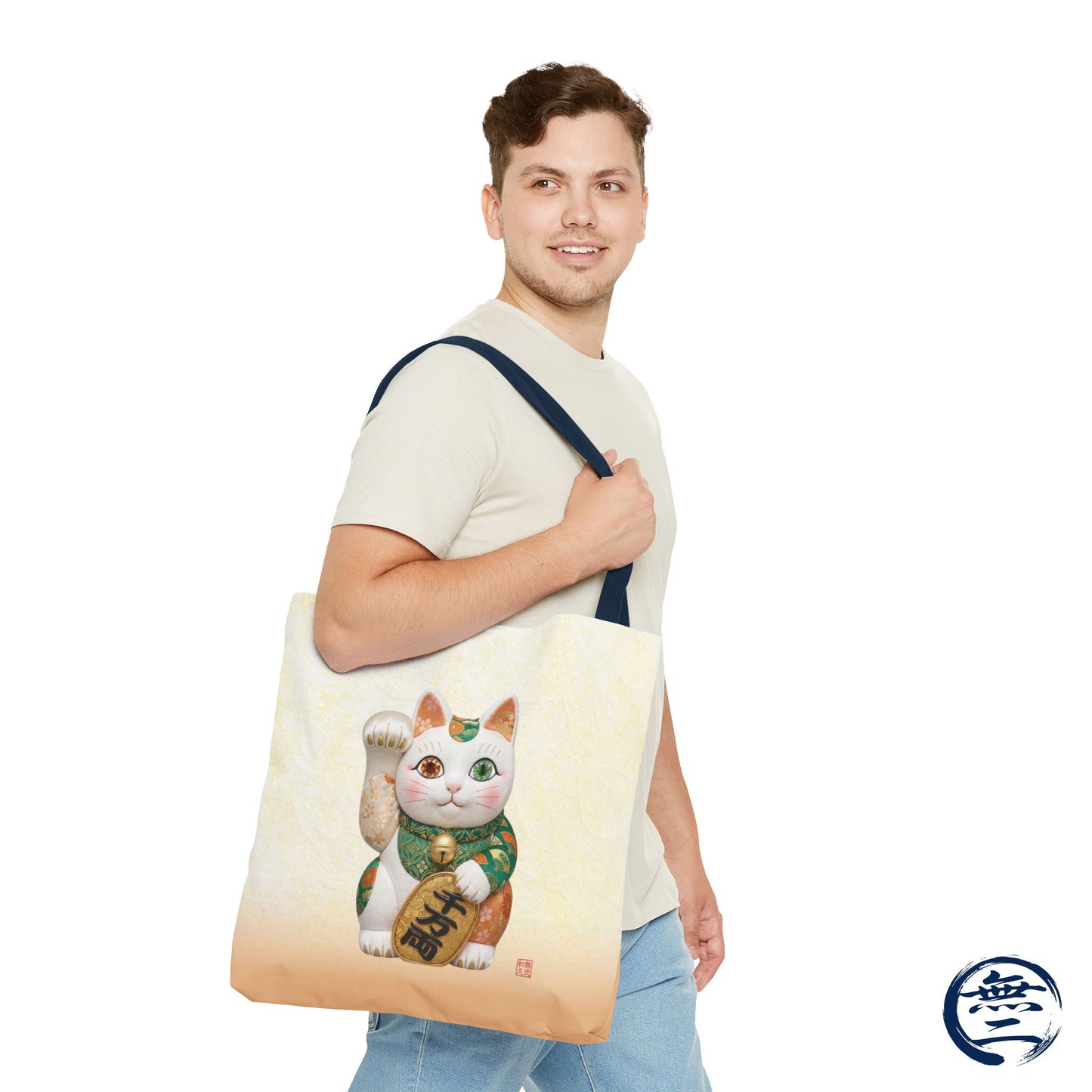 Shin-Maneki neko Modern Kimekomi Decor Style Tote Bag | Kawaii Odd-Eye & Smile Dual Design- Beckon Wealth and Prosperity MK2D | MU-NI Japan