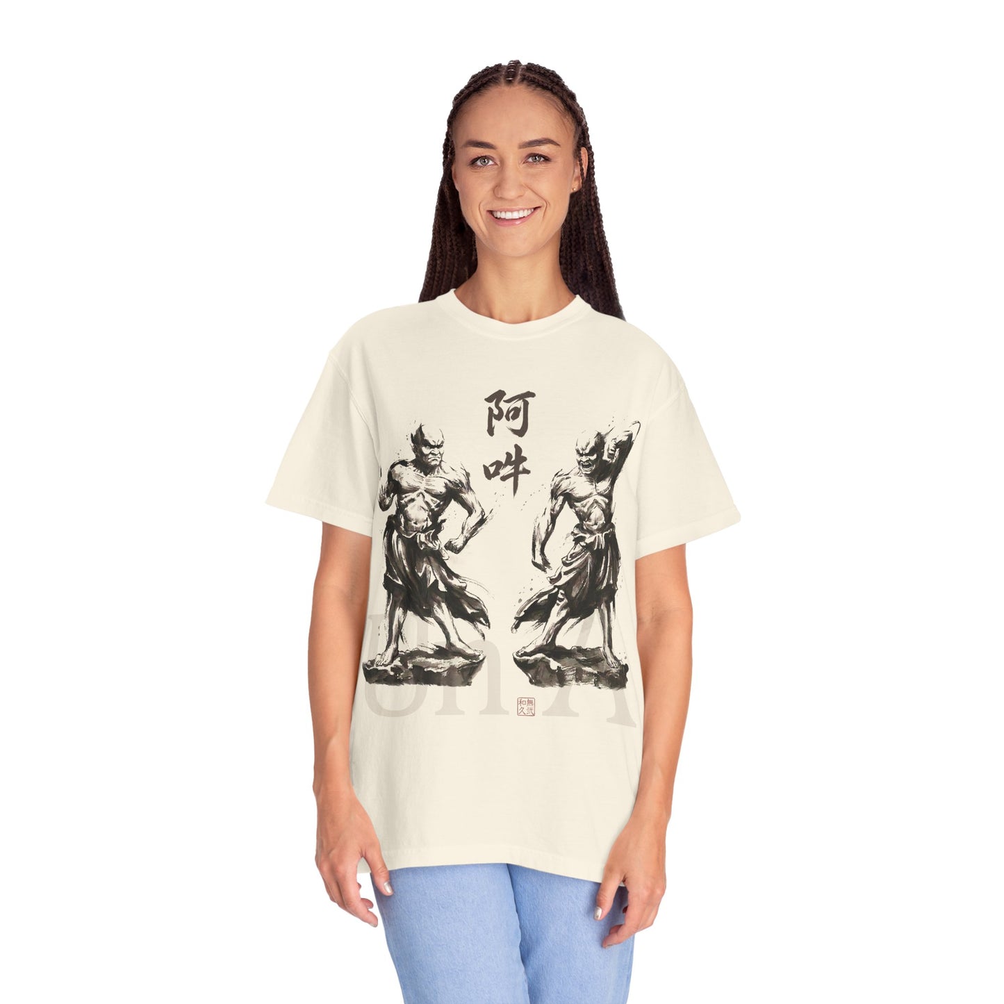 Nioh Guardians A-un Graphic Tee - Ink Wash Painting Japanese Zen Buddhist Art, Protective Spirit Minimalist Design T-shirt NI2T | MU-NI Japan