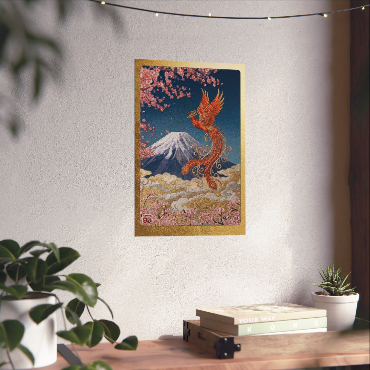 Japanese Phoenix Houou Mount Fuji Wall Art - Modern Embroidery Style Textured Poster | Zen Home Decor & Auspicious Gift HF3I | MU-NI Japan
