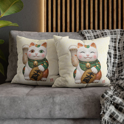 Maneki neko Kimekomi Style Spun Polyester Square Pillowcase |  Beckon Wealth and Prosperity |  MK2W MU-NI Japan