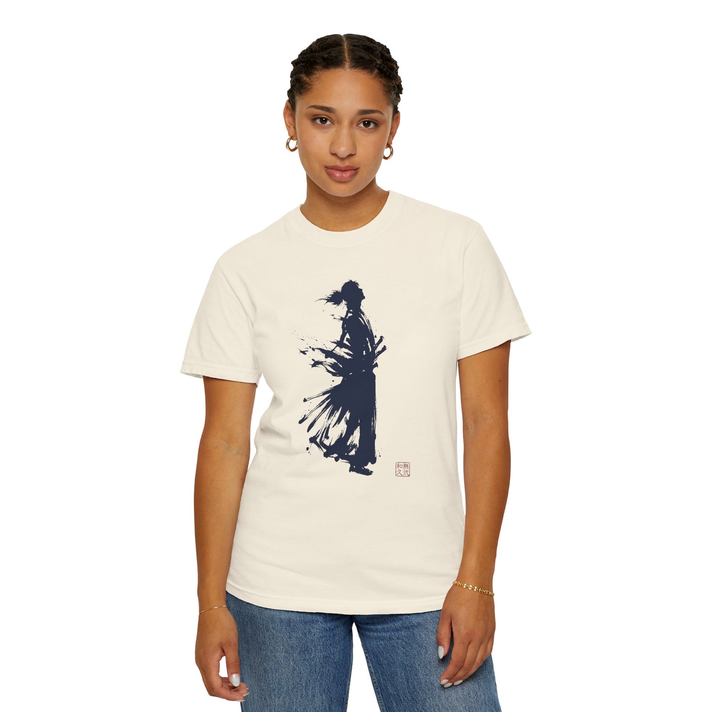 Minimalist Samurai Silhouette Zen T-Shirt - One and Only Garment-Dyed Tee SR4T | MU-NI Japan
