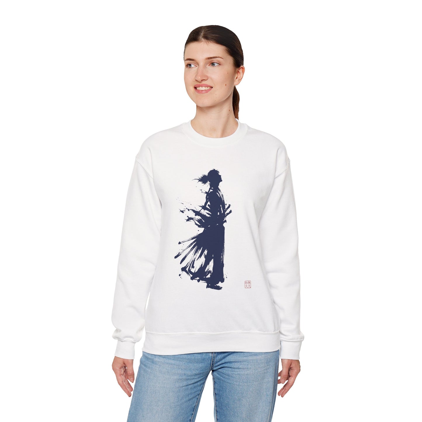 Minimalist Samurai Silhouette Unisex Crewneck Sweatshirt | "The One and Only" Shodo (Japanese Kanji Calligraphy),  SR2S | MU-NI Japan