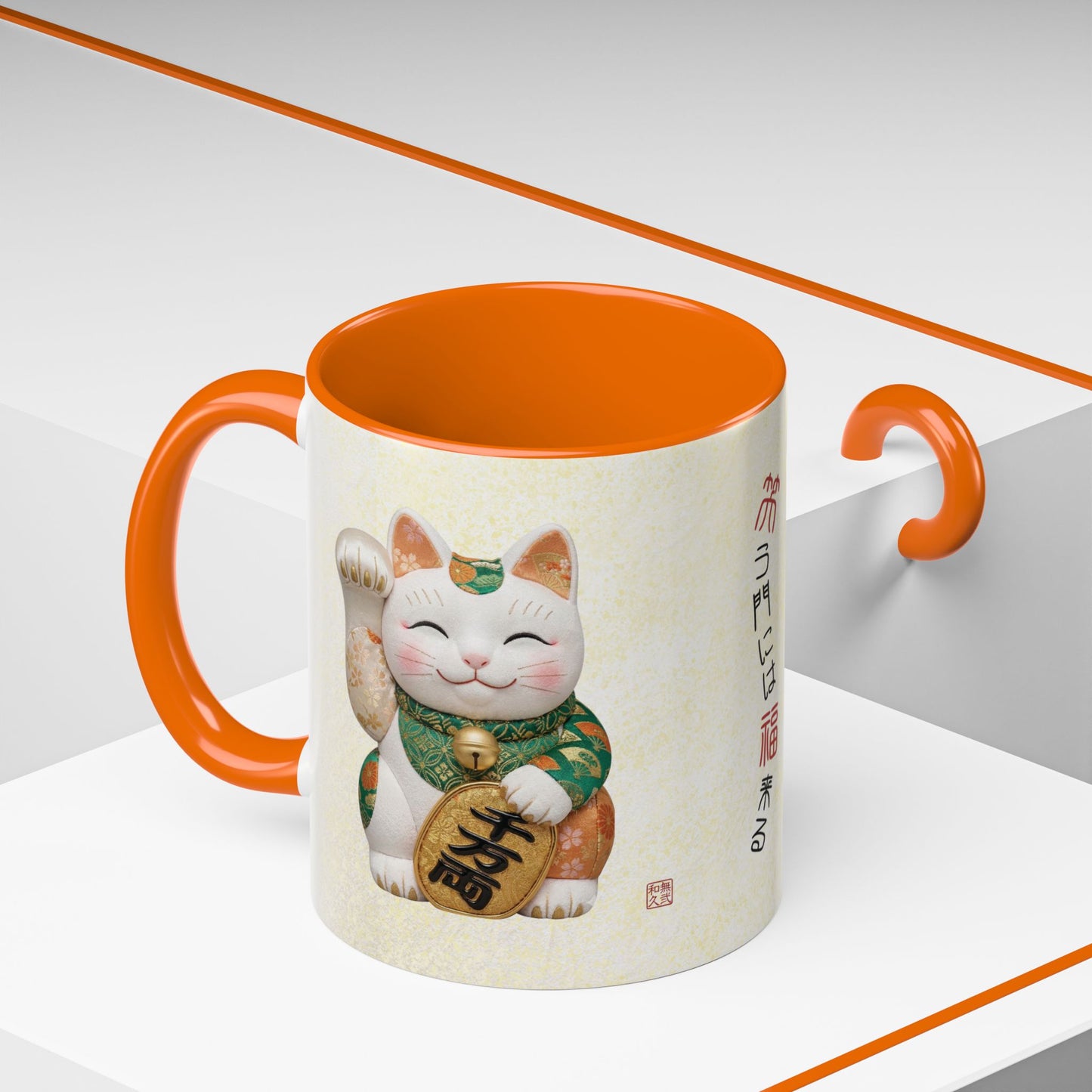 Shin-Maneki neko Modern Kimekomi Decor Style Mug (11oz) | Odd-Eye & Smile Dual Design- Beckon Wealth and Prosperity NK2M | MU-NI Japan