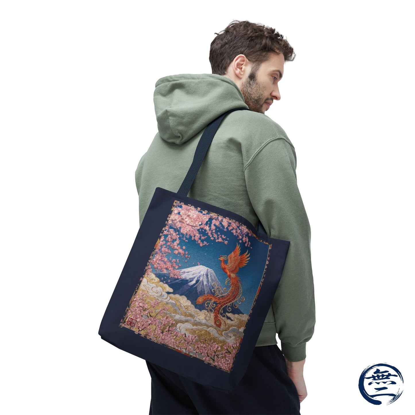Japanese Phoenix Houou Mt Fuji Sakura Aop Tote Bag - Japandi Zen Aesthetic, Embroidery Texture Style, Mindfulness Gift HF3D | MU-NI Japan