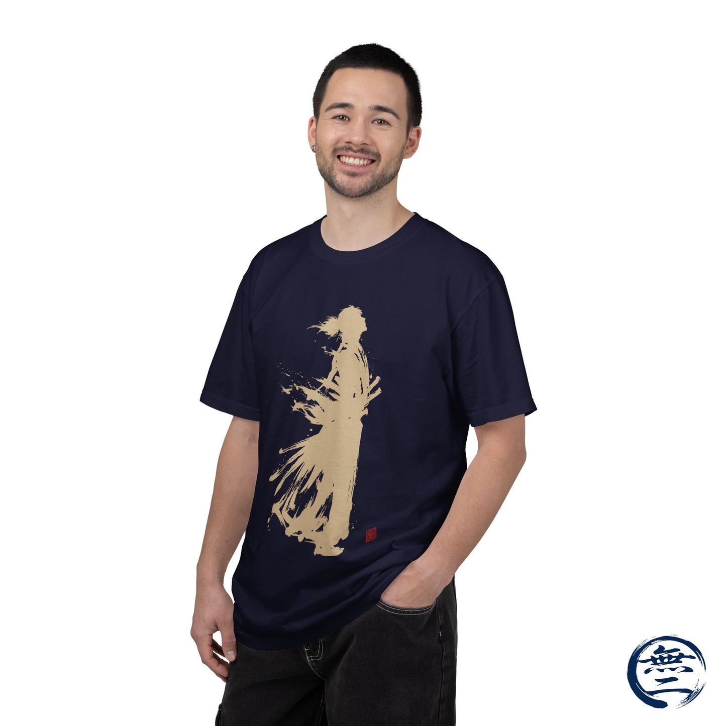 Minimalist Samurai Silhouette Zen T-Shirt - Japanese Calligraphy Kanji Shodo Art - One and Only Garment-Dyed Tee SR2U | MU-NI Japan