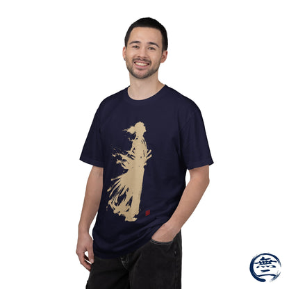 Minimalist Samurai Silhouette Zen T-Shirt - Japanese Calligraphy Kanji Shodo Art - One and Only Garment-Dyed Tee SR2U | MU-NI Japan