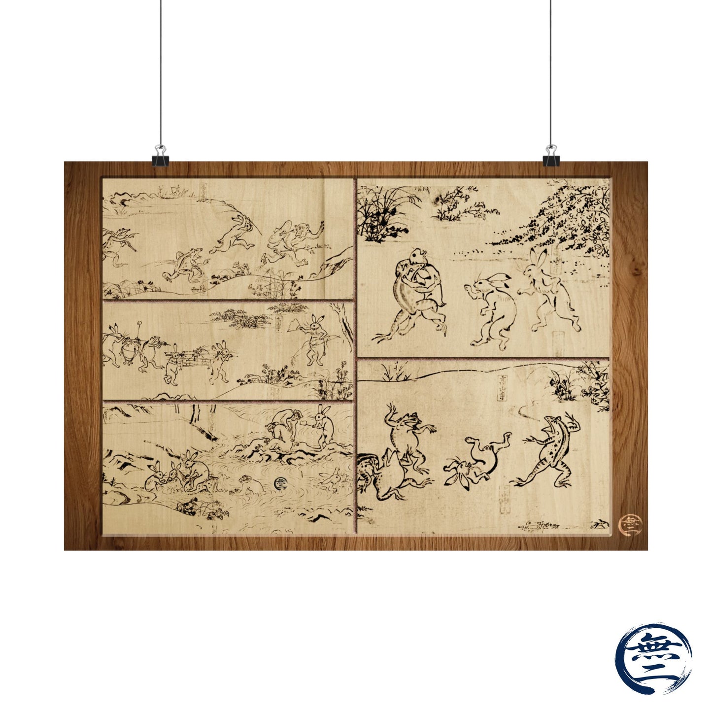 Choju Giga Frogs and Rabbits Woodburn Style Japanese Art Print- -3D Printed Frame Effect Wall Decor Poster | MU-NI Japan