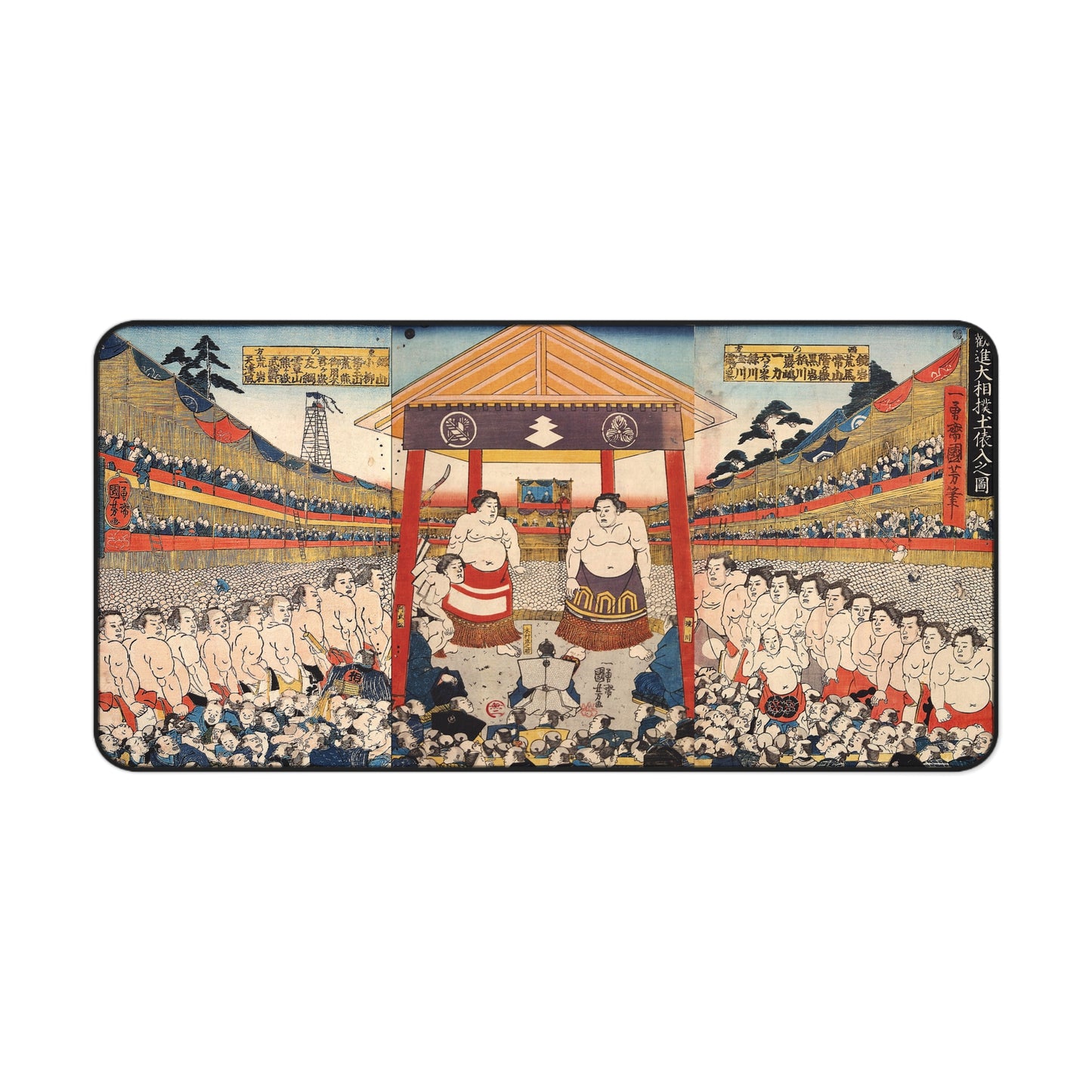 Vintage Sumo Ukiyo-e Desk Mat 16x32 inch - Utagawa Kuniyoshi Japanese Traditional Art  | MU-NI Japan
