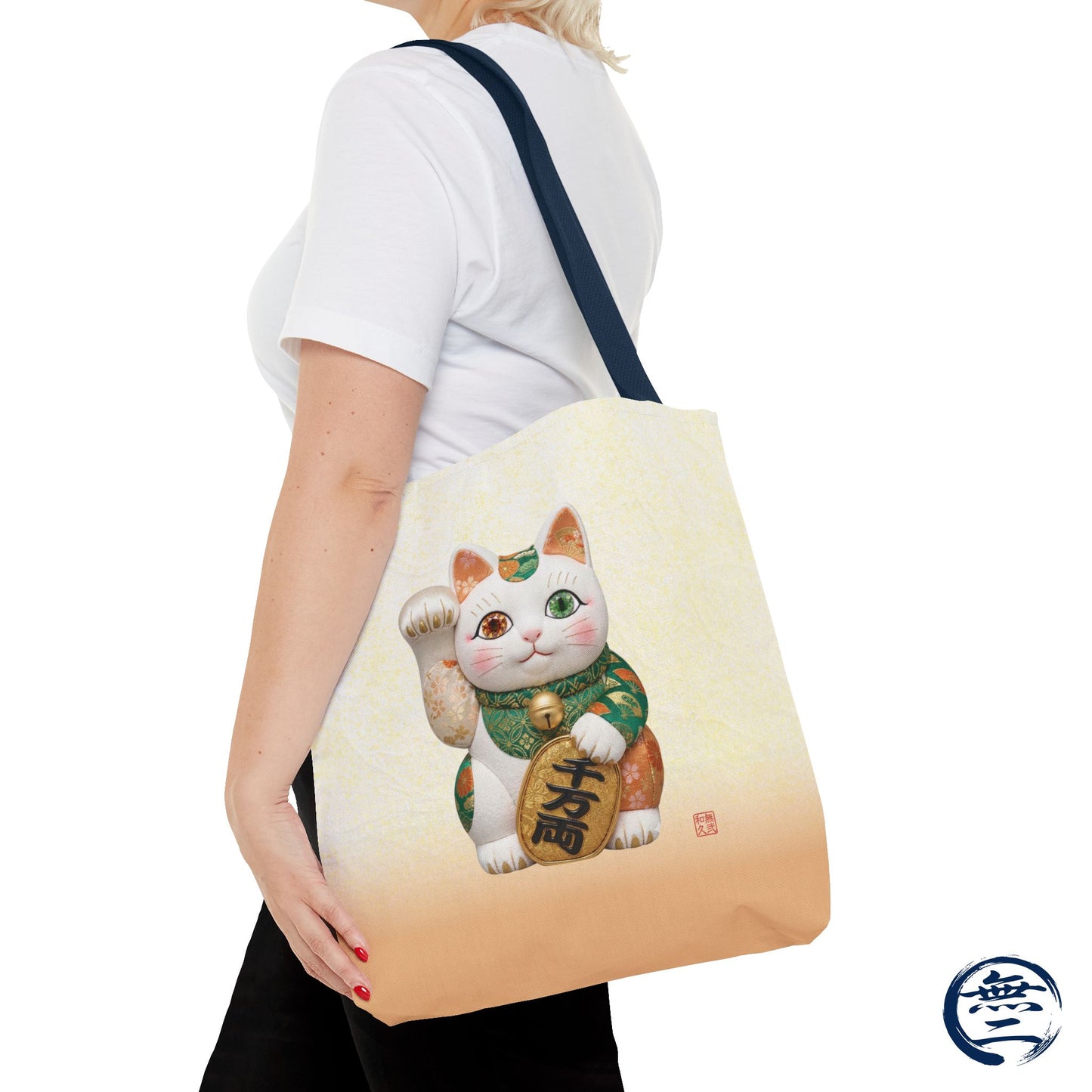 Shin-Maneki neko Modern Kimekomi Decor Style Tote Bag | Kawaii Odd-Eye & Smile Dual Design- Beckon Wealth and Prosperity MK2D | MU-NI Japan