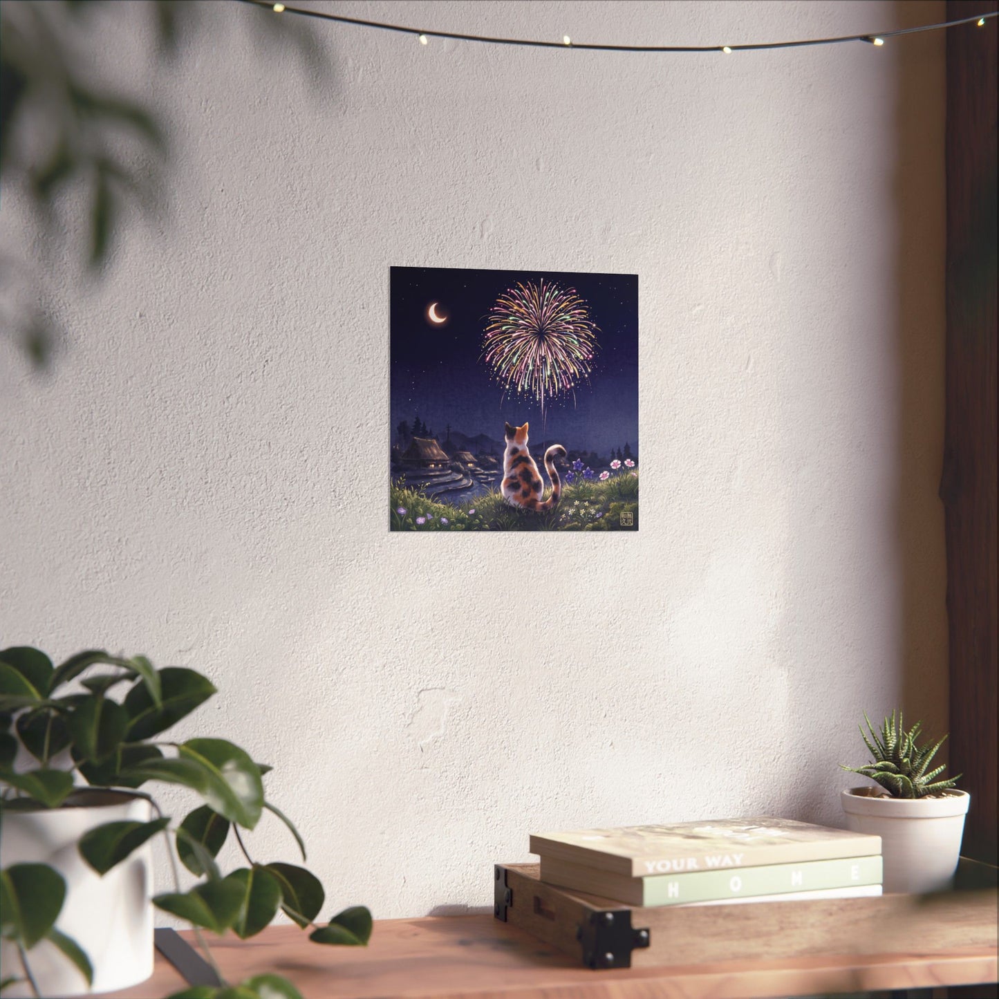 Calico Cat and Fireworks Art Print - Japanese Nostalgic Summer Night Poster | MU-NI Japan