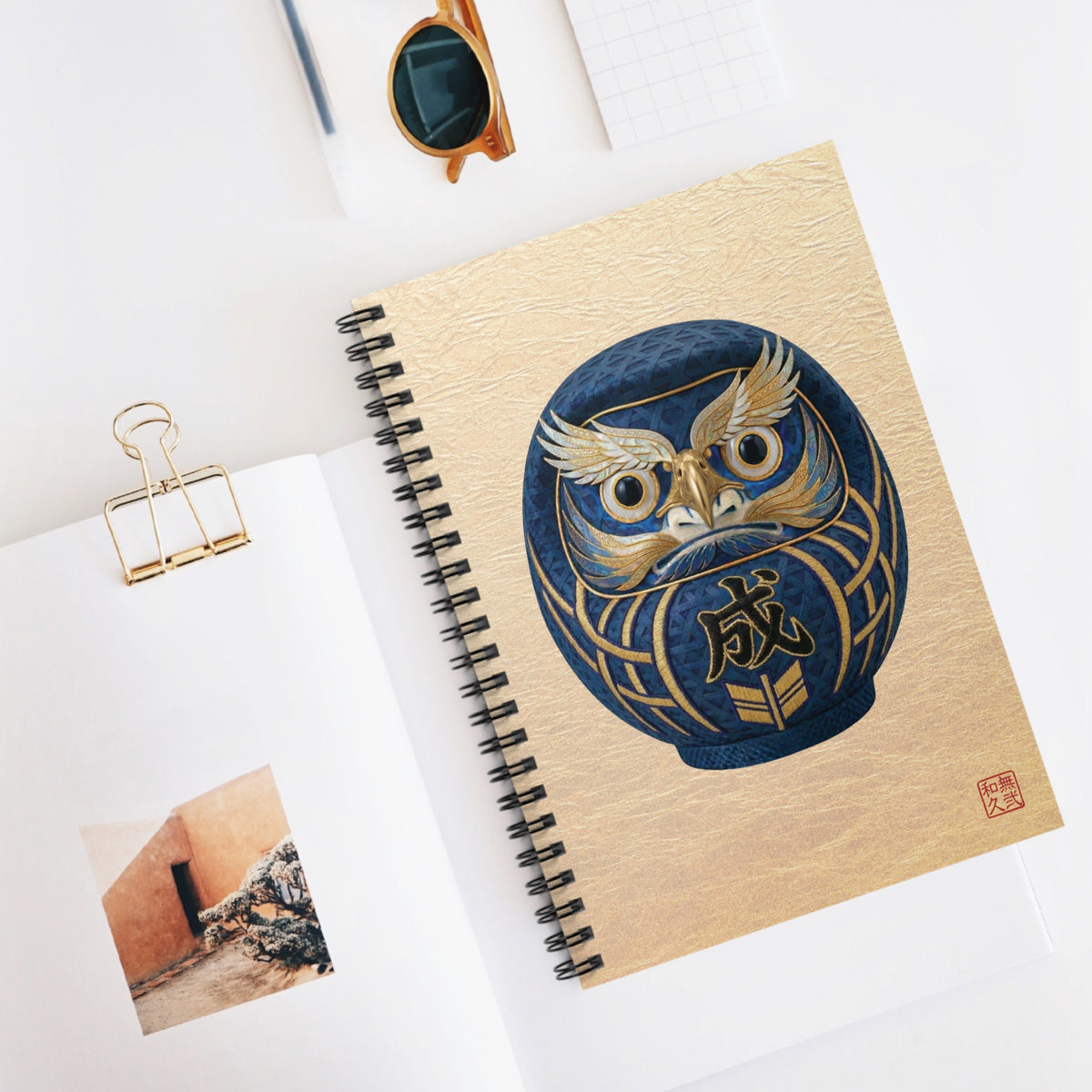 Japanese Daruma Blue Modern Talisman Spiral Notebook "Sei" | Modern Kimekomi Style Textured Art | Zen Success & Focus Gift DB1I |MU-NIJapan