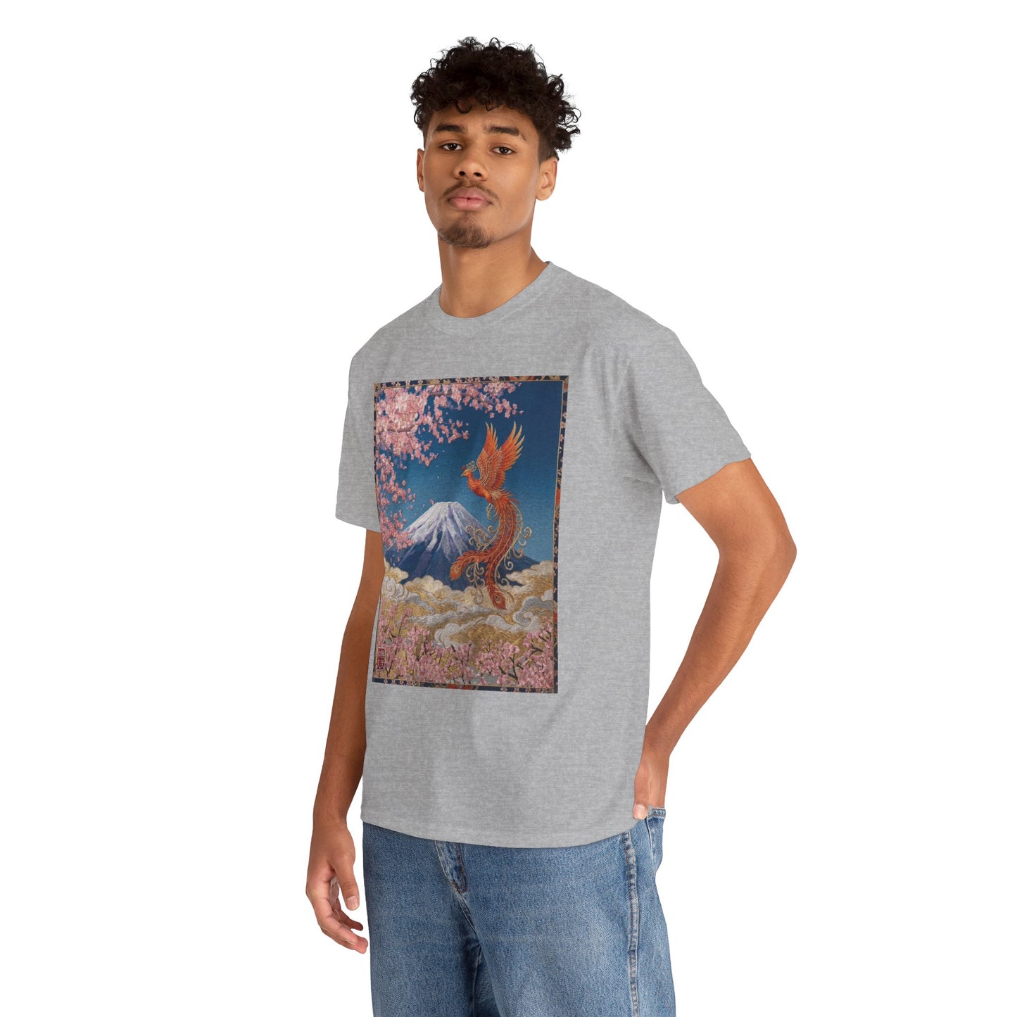 Japanese Phoenix Houou Mt Fuji Sakura T-Shirt - Japandi Zen Aesthetic Tee, Embroidery Texture Style, Mindfulness Gift HF3T | MU-NI Japan