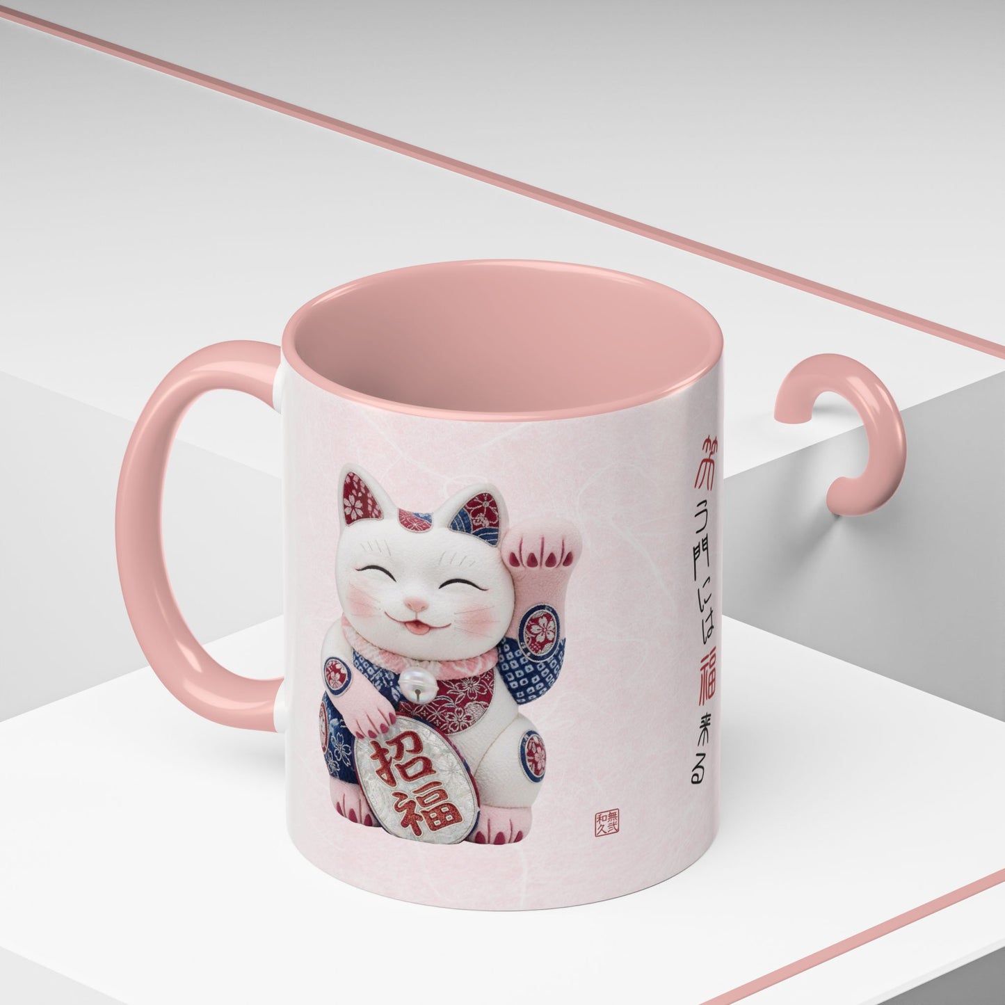 Shin-Maneki neko Modern Kimekomi Decor Style Mug (11oz) | Odd-Eye & Smile Dual Design- Beckon Health and Happiness MS2M | MU-NI Japan