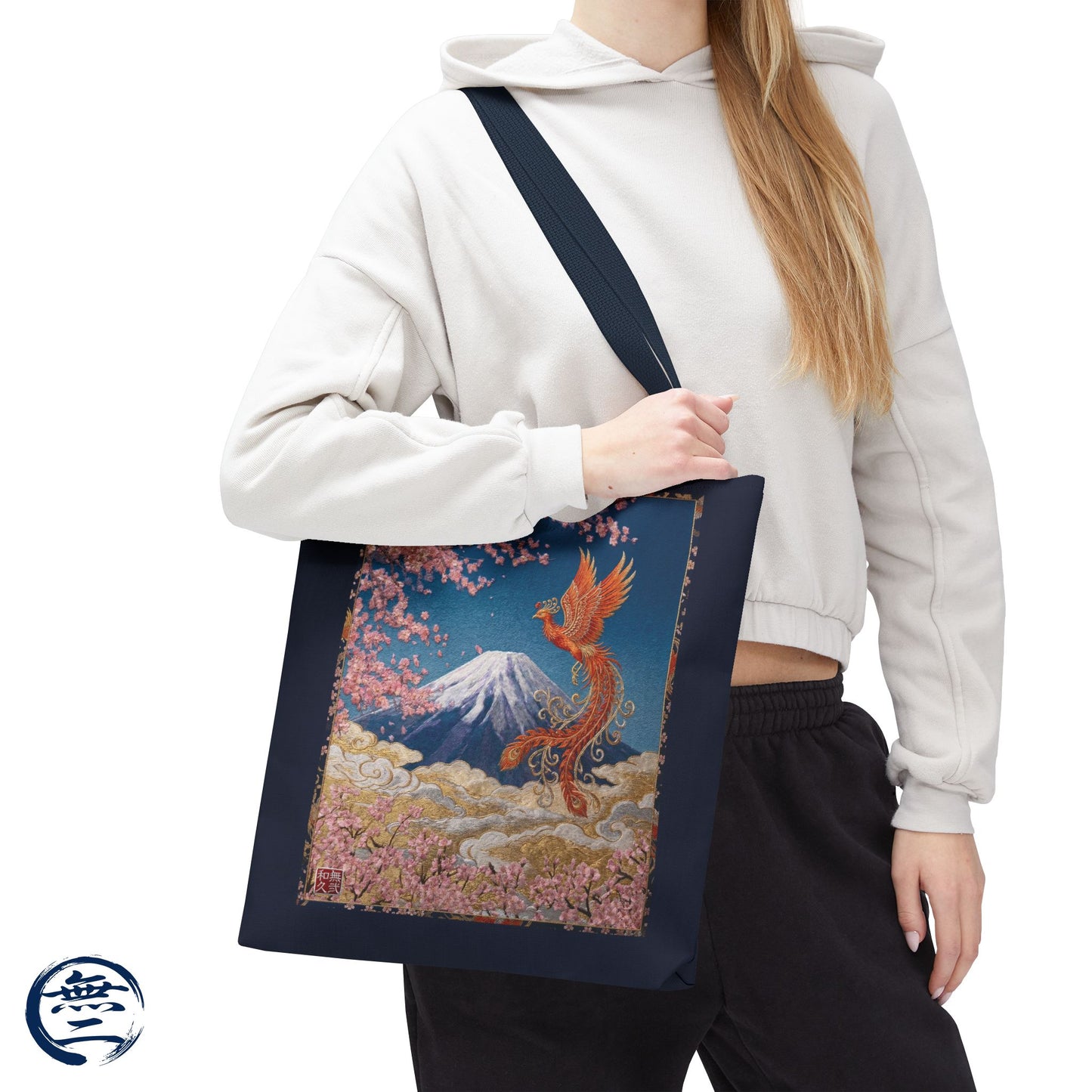 Japanese Phoenix Houou Mt Fuji Sakura Aop Tote Bag - Japandi Zen Aesthetic, Embroidery Texture Style, Mindfulness Gift HF3D | MU-NI Japan