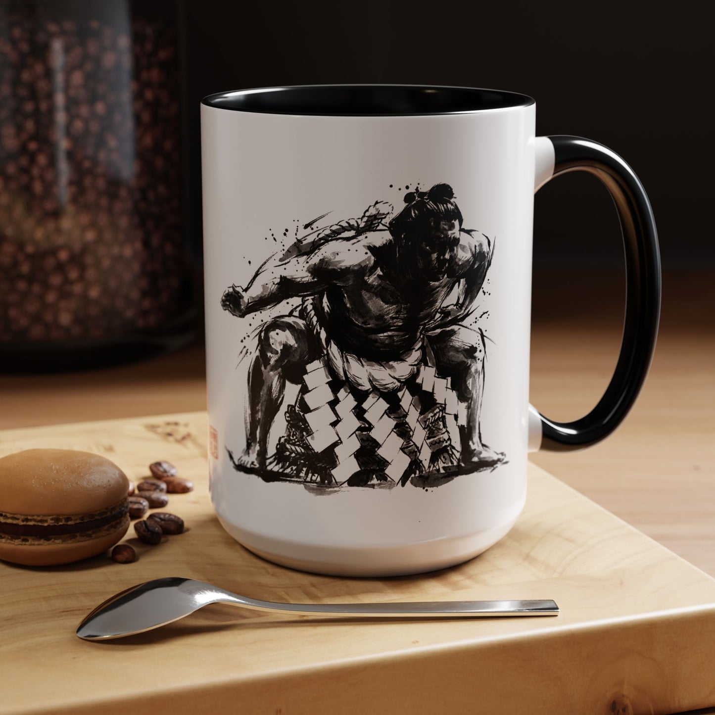 Sumo Wrestler Yokozuna Spirit Large Coffee Mug - Japanese Kanji Calligraphy Art Cup, Zen Aesthetic 15oz Japandi Gift SY1M | MU-NI Japan