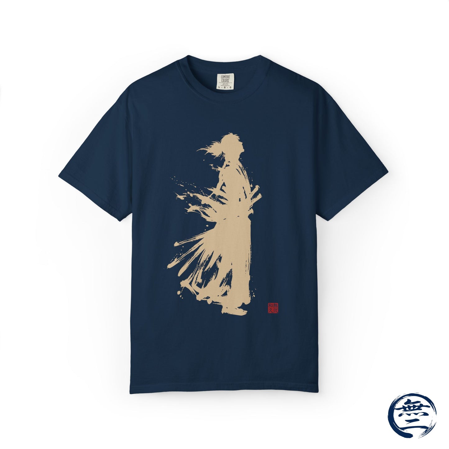 Minimalist Samurai Silhouette Zen T-Shirt - Japanese Calligraphy Kanji Shodo Art - One and Only Garment-Dyed Tee SR2U | MU-NI Japan