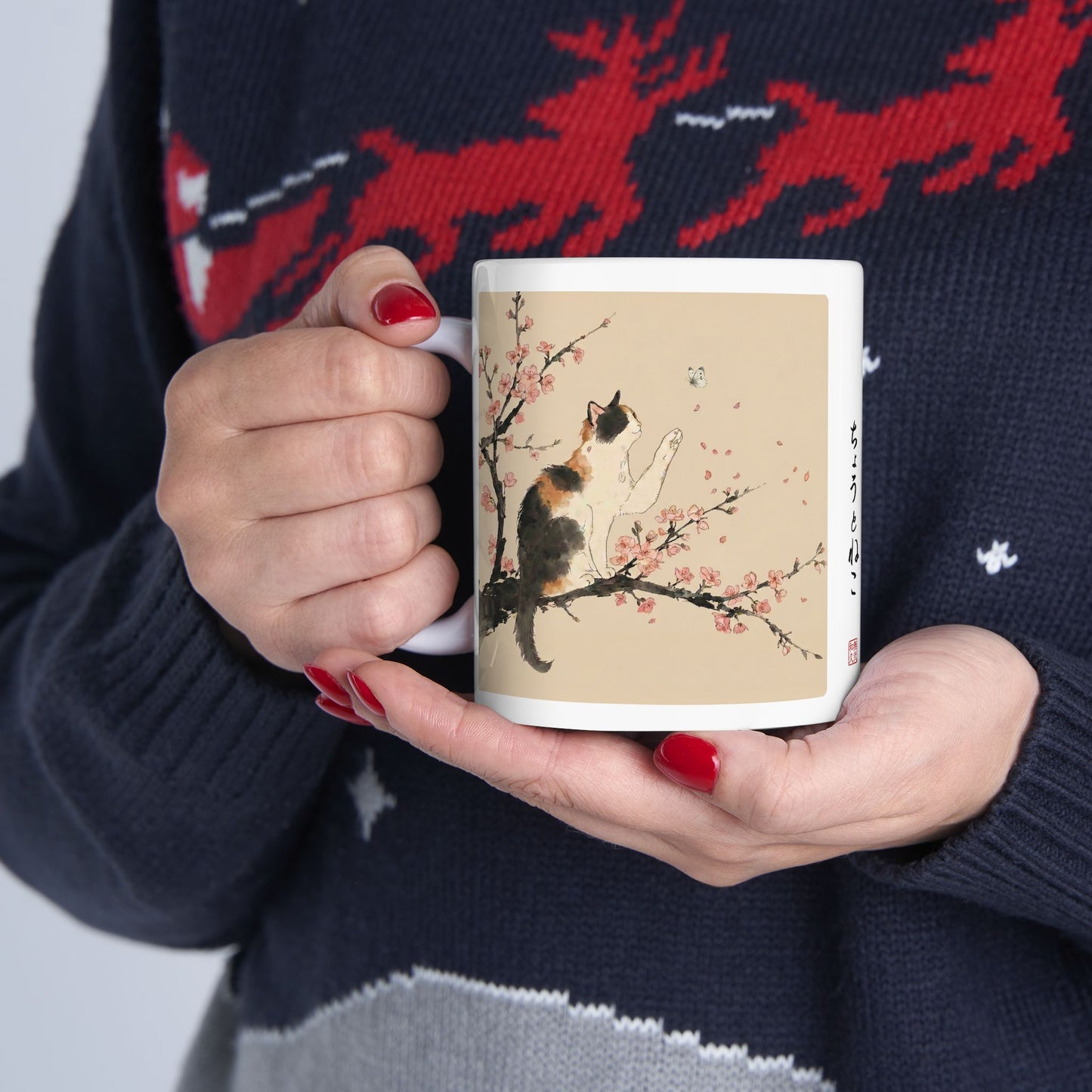 Japanese Calico Cat & Cherry Blossom Sakura Ceramic Mug | Zen Sumi-e Ink Art | Minimalist Japandi Coffee Cup 11oz 15oz CC2O | MU-NI Japan