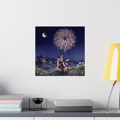 Calico Cat and Fireworks Art Print - Japanese Nostalgic Summer Night Poster | MU-NI Japan