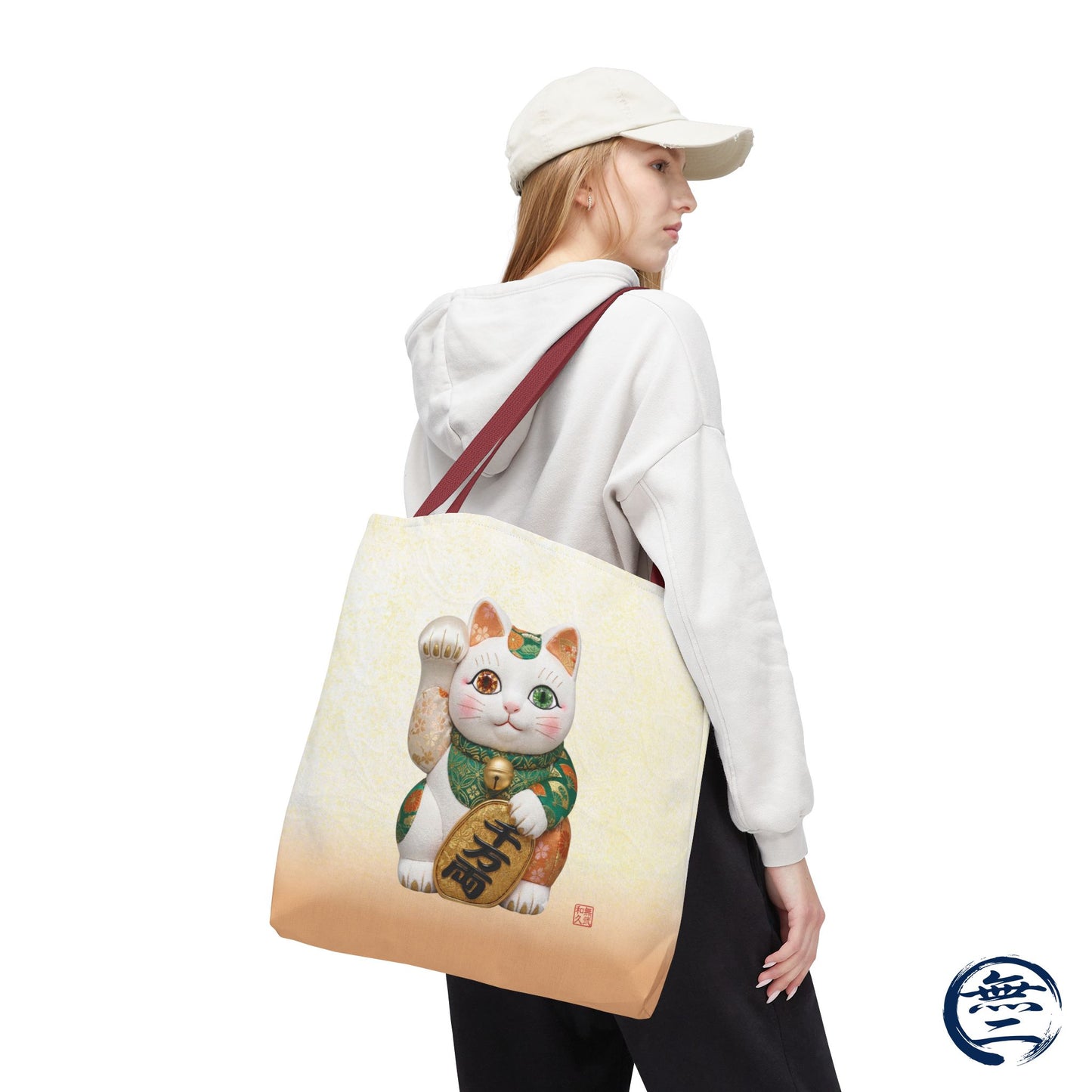 Shin-Maneki neko Modern Kimekomi Decor Style Tote Bag | Kawaii Odd-Eye & Smile Dual Design- Beckon Wealth and Prosperity MK2D | MU-NI Japan
