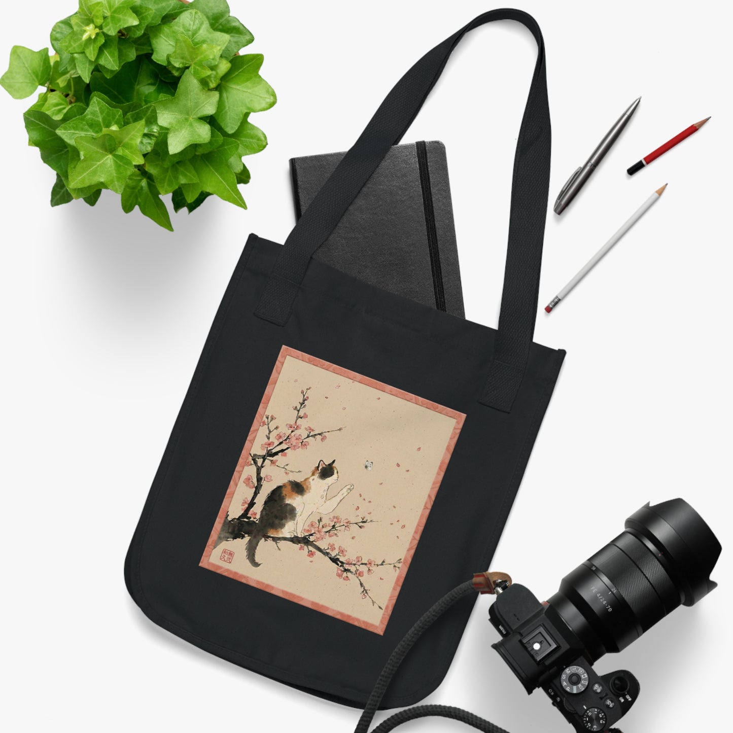 Japanese Calico Cat & Cherry Blossom "Sakura" Premium Organic Canvas Tote Bag | CC3B MU-NI Japan