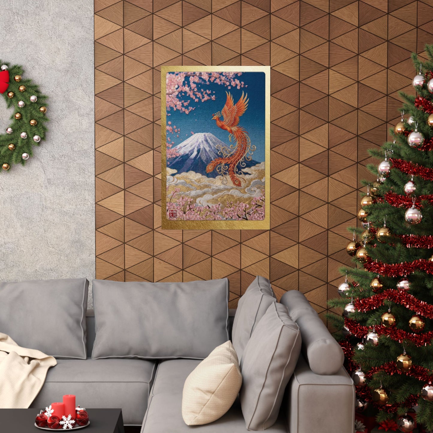 Japanese Phoenix Houou Mount Fuji Wall Art - Modern Embroidery Style Textured Poster | Zen Home Decor & Auspicious Gift HF3I | MU-NI Japan