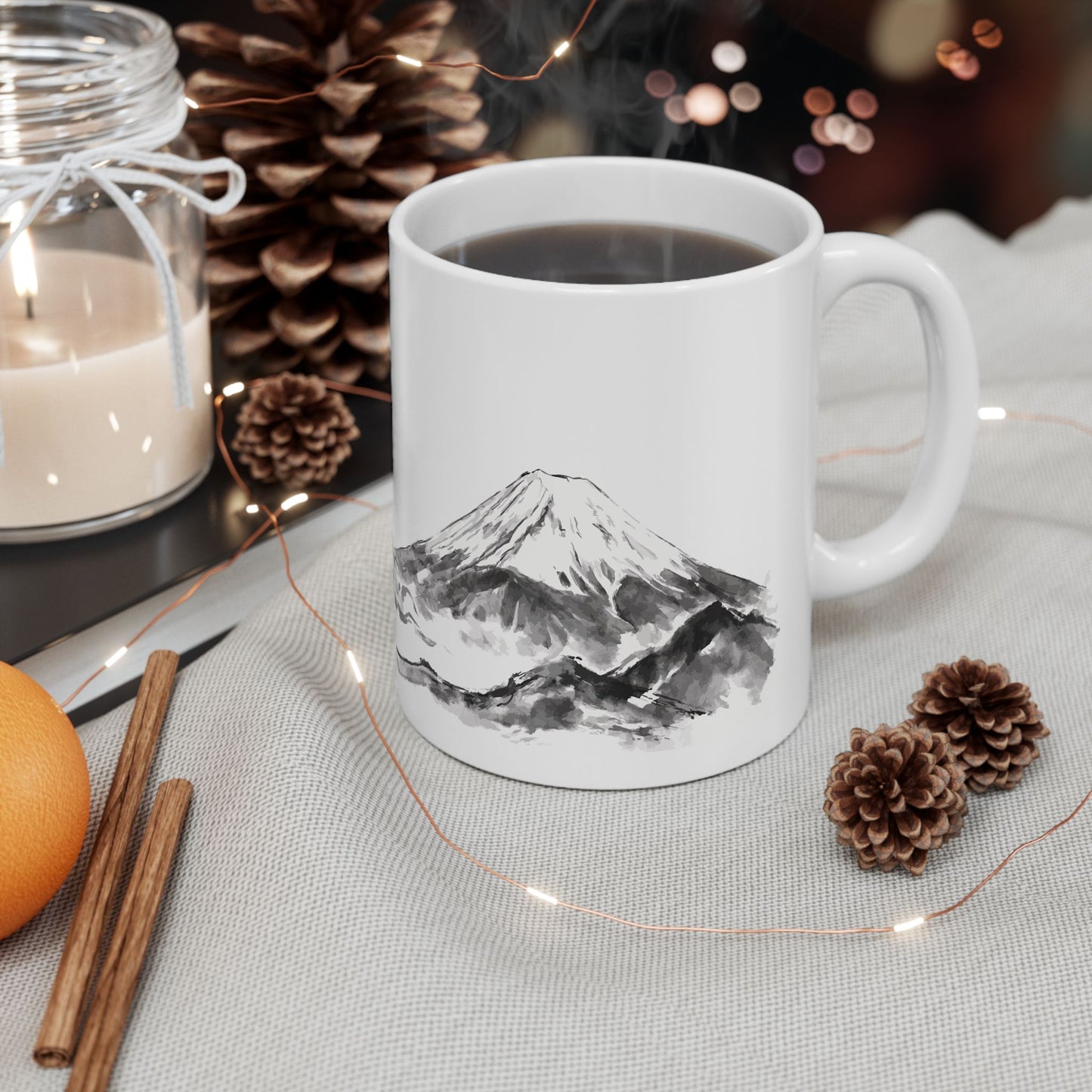 Rising Phoenix Houou over Mount Fuji Ceramic Mug - Japanese Sumi-e Zen Art Coffee Cup, Aesthetic Japandi Home Decor Gift HF1L | MU-NI Japan