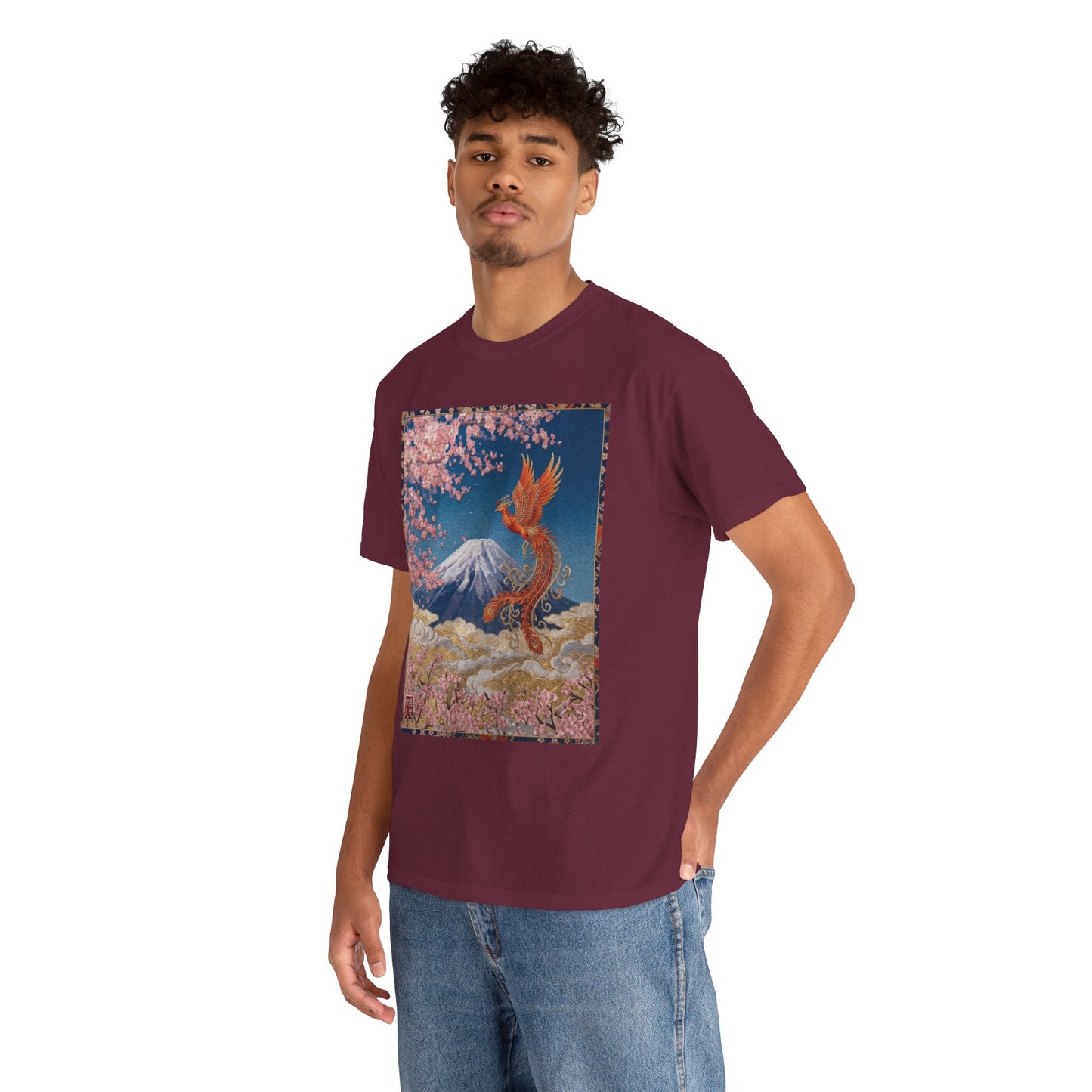 Japanese Phoenix Houou Mt Fuji Sakura T-Shirt - Japandi Zen Aesthetic Tee, Embroidery Texture Style, Mindfulness Gift HF3T | MU-NI Japan