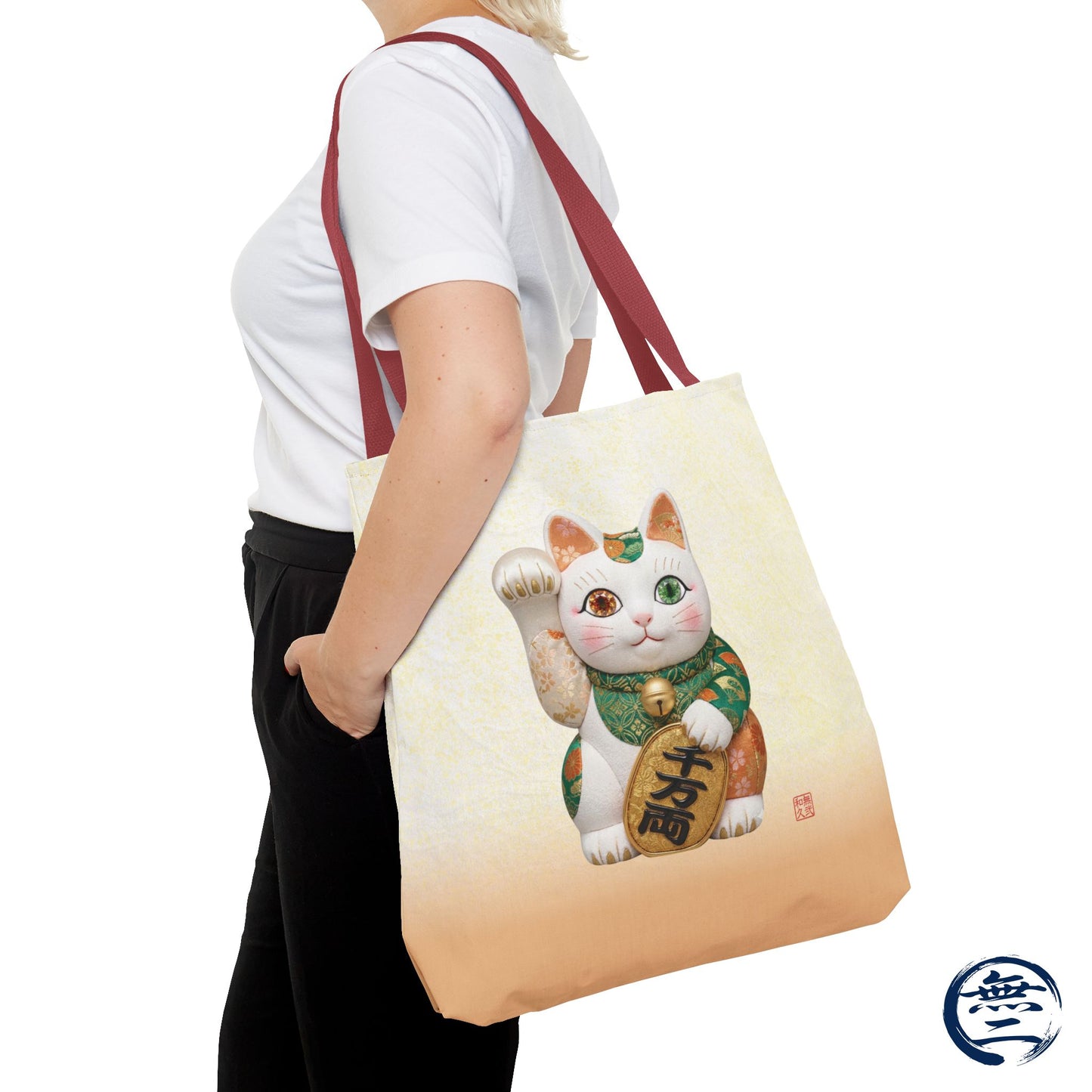 Shin-Maneki neko Modern Kimekomi Decor Style Tote Bag | Kawaii Odd-Eye & Smile Dual Design- Beckon Wealth and Prosperity MK2D | MU-NI Japan