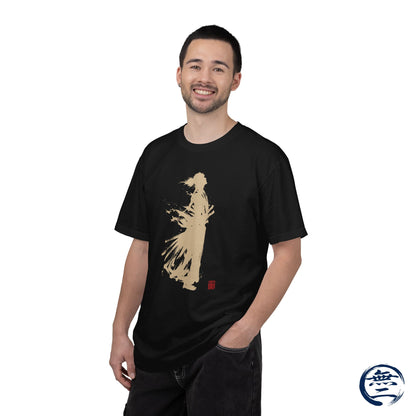 Minimalist Samurai Silhouette Zen T-Shirt - Japanese Calligraphy Kanji Shodo Art - One and Only Garment-Dyed Tee SR3U | MU-NI Japan