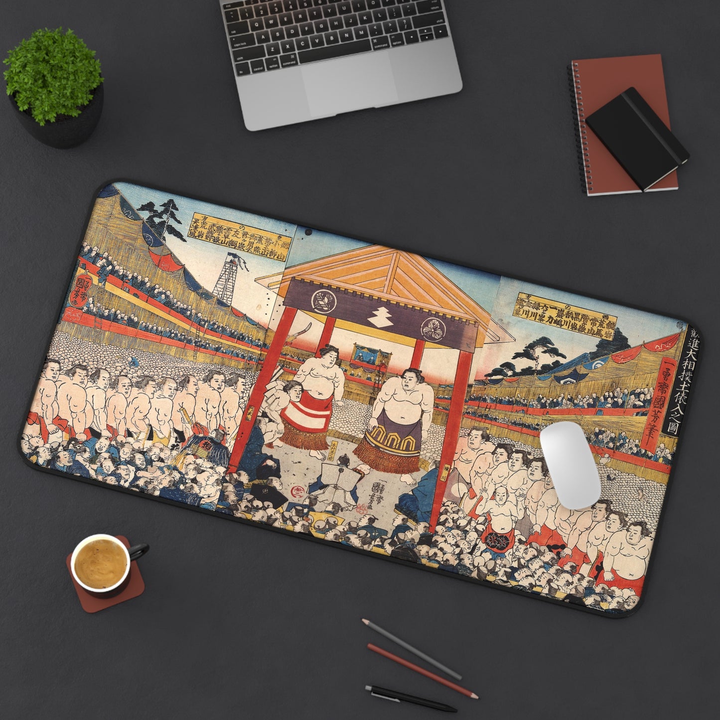 Vintage Sumo Ukiyo-e Desk Mat 16x32 inch - Utagawa Kuniyoshi Japanese Traditional Art  | MU-NI Japan