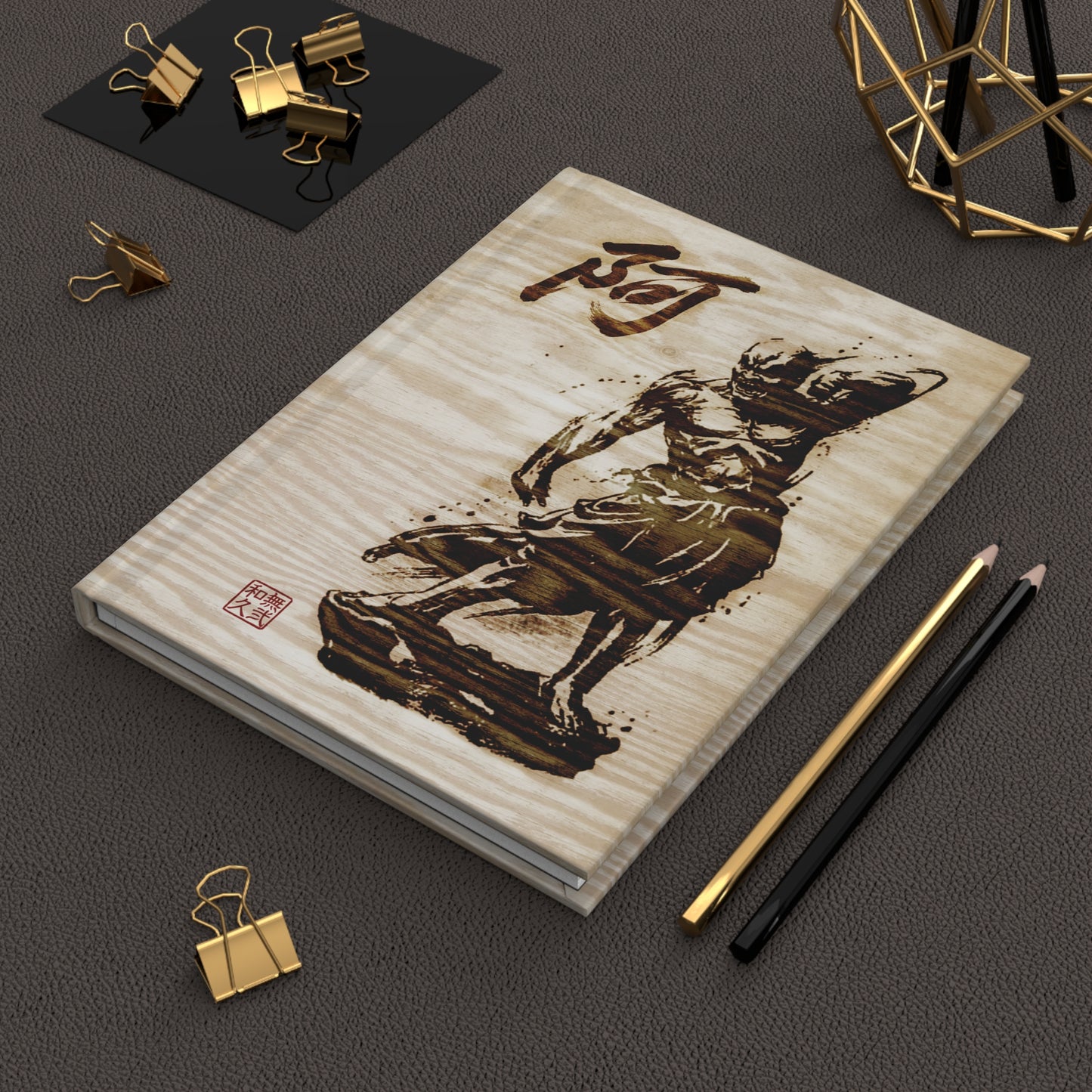 Japanese Nioh Guardian Statues Pyrography Style Matte Hardcover Journal - Zen Buddhist Art,Traditional Wood Burn Design NI3J | MU-NI Japan