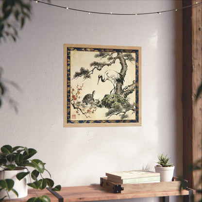 Japanese Crane and Turtle Pine and Plum Tree Matte Square Poster - Symbol of Longevity & Peace  | CT2K MU-NI Japan