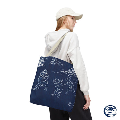 Choju Giga Tote Bag -AIZOME- Japanese Indigo Style Frogs and Rabbits Vintage Scroll Art | MU-NI Japan